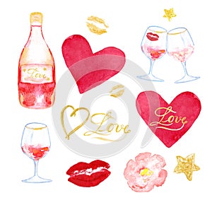 Watercolor valentines day symbols collection. Set of Hand painted elements