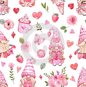 Watercolor cute valentine gnomes seamless pattern. Valentines day themed design. Hand drawn elf print. Pastel pink color palette