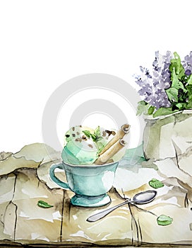 Watercolor of vanilla and mint ice cream in cup on wooden vintage style background