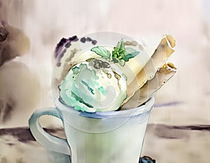 Watercolor of vanilla and mint ice cream in cup on wooden vintage style background