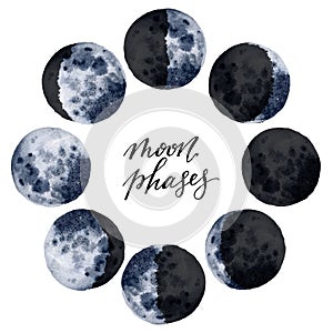 Watercolor various moon phases isolated on white background. Hand drawn modern space design for print, card.