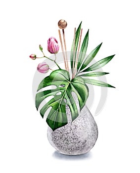 Watercolor vase with tropical leaves. Green bouquet with monstera and wooden sticks. Interior refresher of grey stone