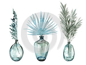 Watercolor vases with tropical leaves. Set of three antique glass bottles and palm branches. Interior decoration in