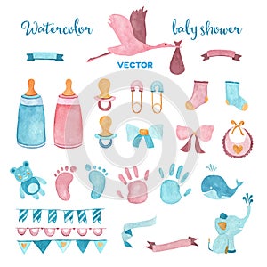 Watercolor vector baby shower set