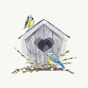 Watercolor vector birdhouse with birds