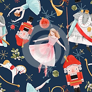 Watercolor vector christmas winter nutcracker fairy tale ballet seamless pattern