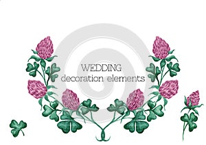 Watercolor vector clover wreath with decorative elements, seperate flovers, branches and trefoil