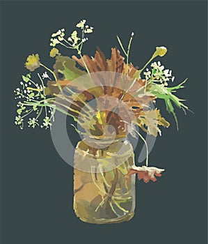 Watercolor vector drawing of bouquet wild flowers and leaves in glass pot