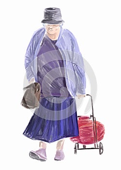 Watercolor vector drawing of casual old woman with bags strolling outdoors