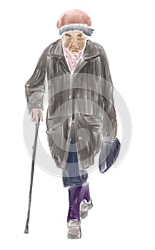 Watercolor vector drawing of casual old woman with walking cane strolling outdoors