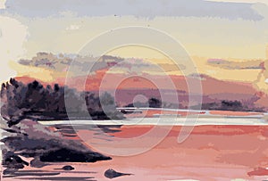 Watercolor vector drawing of red sunset over forest lake in summer evening