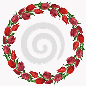 Watercolor vector drawing of wreath from red tulips with green leaves