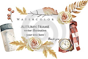 Watercolor vector Fall Leaves and fall essential Border Frame.