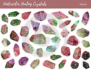 Watercolor, vector gemstones, healing crystals