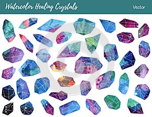Watercolor, vector gemstones, healing crystals