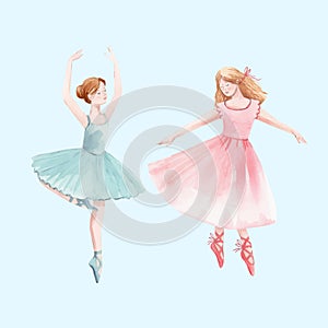 Watercolor vector retro cute dancing girls ballet nutcracker ballerina clip art isolated illustrations