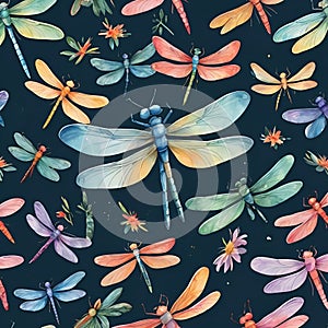 Watercolor vector hand drawn summer dragonfly insect colourful seamless patternWatercolor vector hand drawn summer dragonfly insec photo