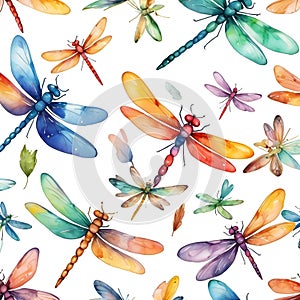 Watercolor vector hand drawn summer dragonfly insect colourful seamless patternWatercolor vector hand drawn summer dragonfly insec photo