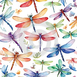Watercolor vector hand drawn summer dragonfly insect colourful seamless patternWatercolor vector hand drawn summer dragonfly insec photo