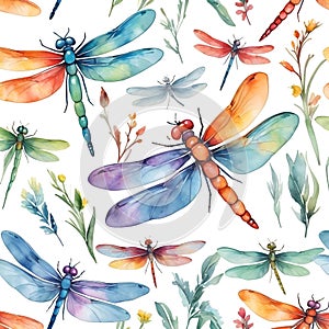 Watercolor vector hand drawn summer dragonfly insect colourful seamless patternWatercolor vector hand drawn summer dragonfly insec photo
