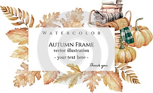 Watercolor vector hand painted nature autumn plants rectangular border frame with orange, red and yellow fall laves