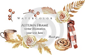 Watercolor vector herbarium frame with flowers, forest leaves and berries, bun, scarf.