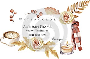 Watercolor vector herbarium frame with flowers, forest leaves and berries, coffee, scarf.