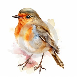 Watercolor Vector Illustration Of Cute Little Robin