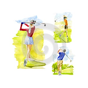 Watercolor vector illustration of golf players teeing off