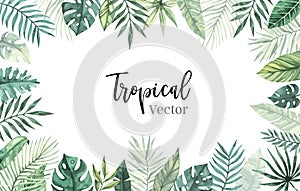 Watercolor vector illustration. Summer tropical frame with banana leaves, monstera and palm leaves. Perfect for wedding