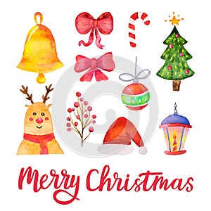 Watercolor vector Merry Christmas design elements. Hand drawn Holiday traditional set. Vector illustration