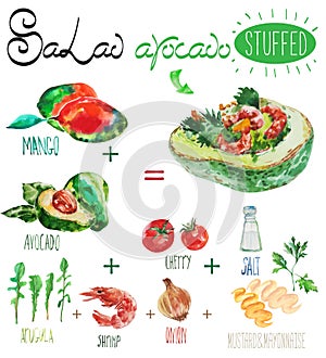 Watercolor vector salad recipe with avocado filling.