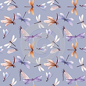 Watercolor vector seamless pattern with colorful dragonflies. Stock illustration. Purple background.