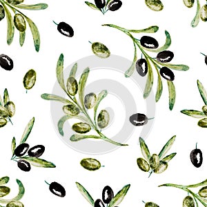 Watercolor vector seamless pattern with green olive tree branches on white background. Hand drawn. For the design