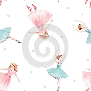 Watercolor vector seamless pattern with cute dancing girls ballet nutcracker ballerina clip art isolated illustrations