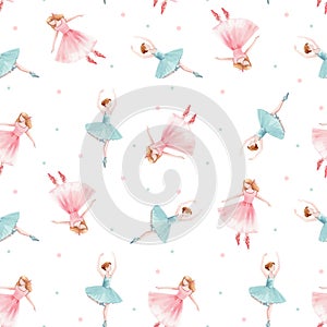 Watercolor vector seamless pattern with cute dancing girls ballet nutcracker ballerina clip art isolated illustrations