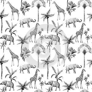 Watercolor vector seamless patterns with safari animals and palm trees. Elephant giraffe.