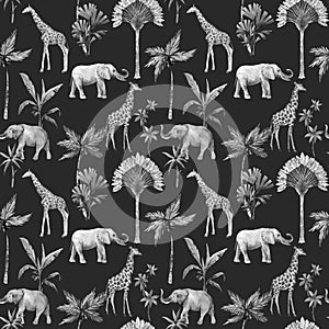 Watercolor vector seamless patterns with safari animals and palm trees. Elephant giraffe.