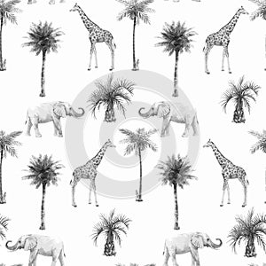 Watercolor vector seamless patterns with safari animals and palm trees. Elephant giraffe.