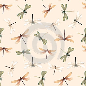 Watercolor vector summer dragonfly insect colourful seamless pattern
