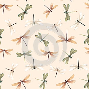 Watercolor vector summer dragonfly insect colourful seamless pattern photo