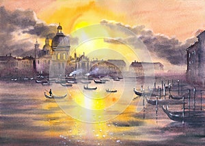 Watercolor Venice with gondolas and palaces at sunset