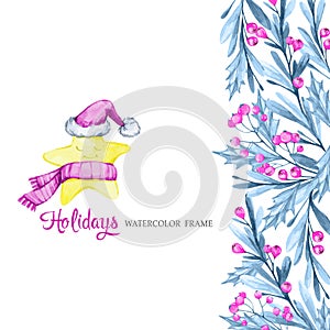 Watercolor vertical banner with leaves, berries and cartoon star in warm cloths. New Year. Merry Christmas. Celebration