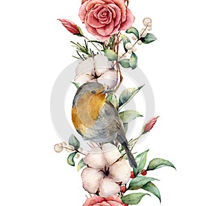 Watercolor vertical border with robin and flowers. Hand painted tree border, cotton, branch, dahlia, berries and leaves