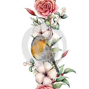 Watercolor vertical border with robin and flowers. Hand painted tree border, cotton, branch, dahlia, berries and leaves photo