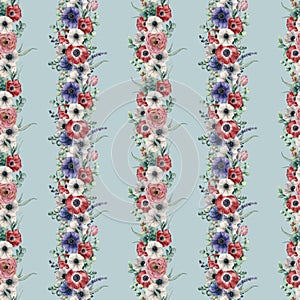 Watercolor vertical floral seamless pattern. Hand painted bouquet with red, white, blue anemone, ranunculus, succulent