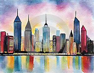 Watercolor of very cool modern city night view