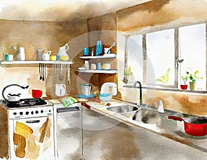 Watercolor of A very messy and dirty kitchen that needs a deep An untidy
