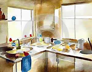 Watercolor of A very messy and dirty kitchen that needs a deep An untidy