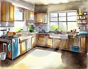 Watercolor of A very messy and dirty kitchen that needs a deep An untidy